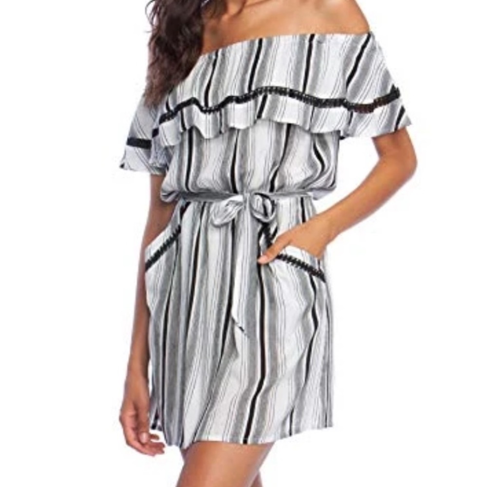NWT Lucky Brand Off ShoulderSwim Cover Up Dress ~ in Black//Venice Vibes